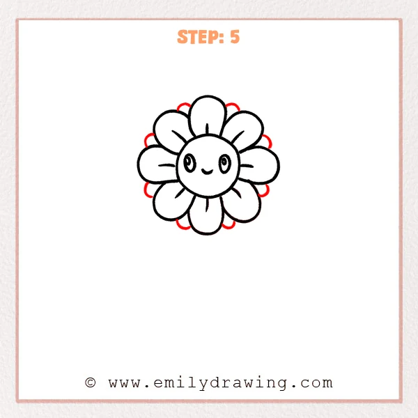 how to draw a cartoon flowers - Step 5 of how to draw cartoon flowers—Small scalloped half-circle bumps are added behind the main petals, creating a simple second layer around the smiling flower.